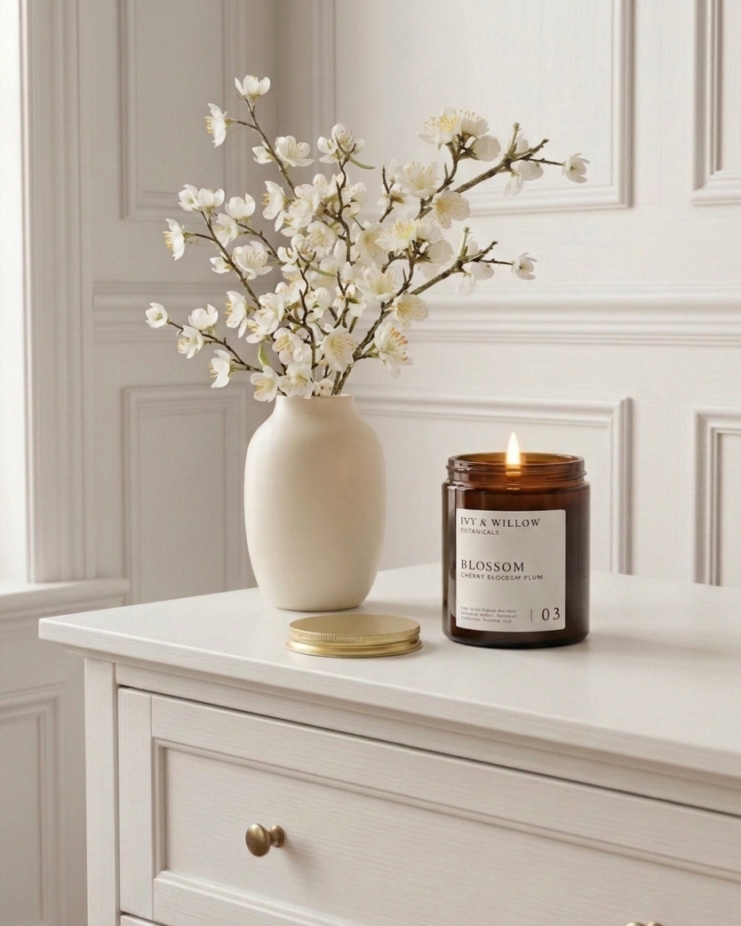 Candle with a floral arrangement on a white surface