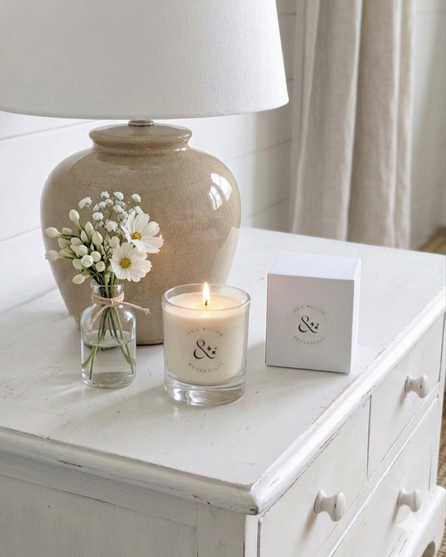 Candle with a small vase of flowers on a white dresser
