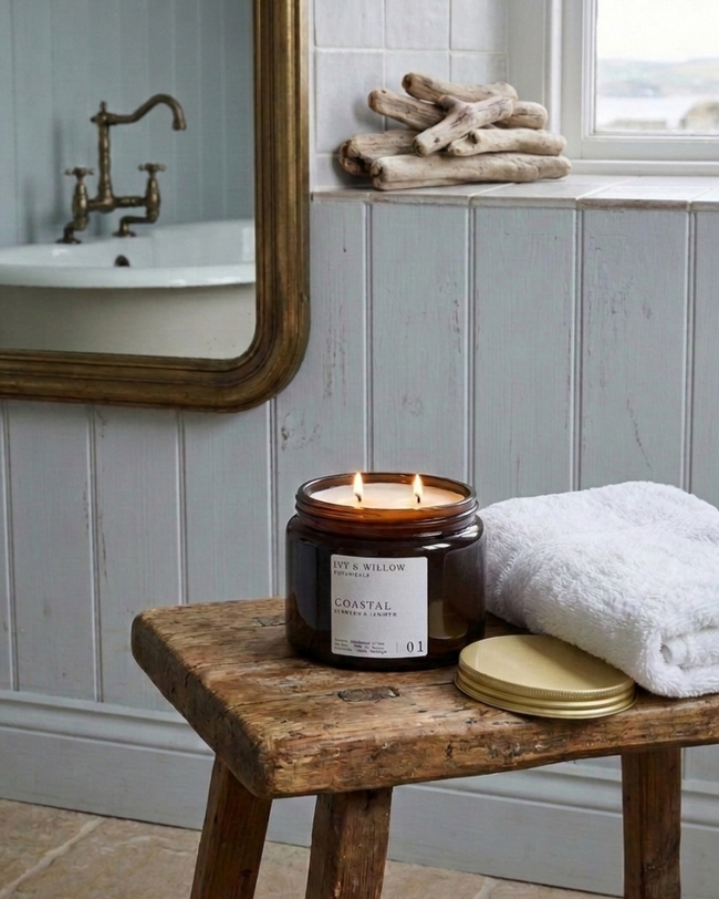 Candle on a wooden stool in a bathroom with a mirror and towels.