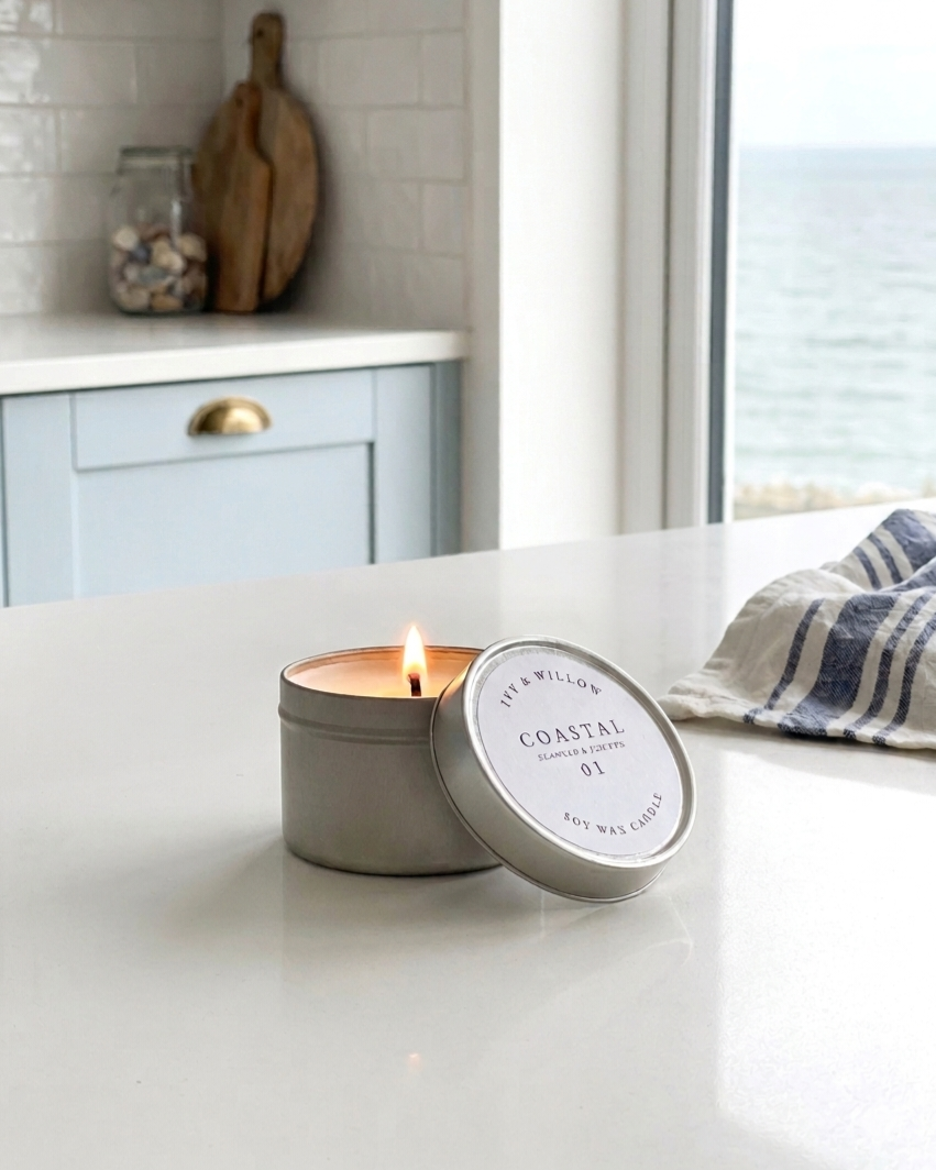 Candle in a tin with 'Coastal' label on a kitchen counter