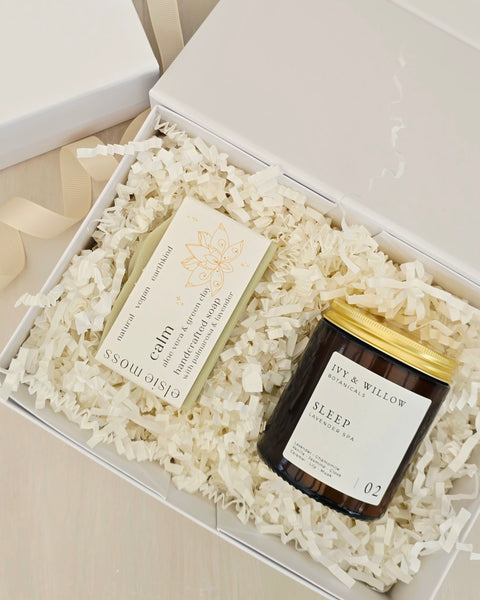 Candle and card in a gift box with 'Jewel Ivy & Willow' branding