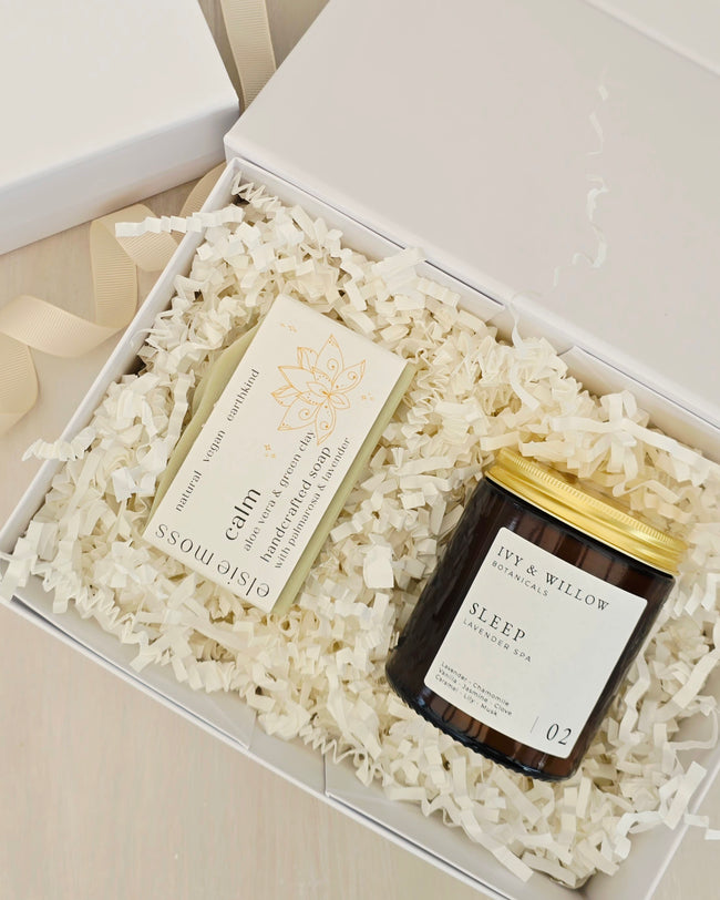 Candle and card in a gift box with 'Jewel Ivy & Willow' branding