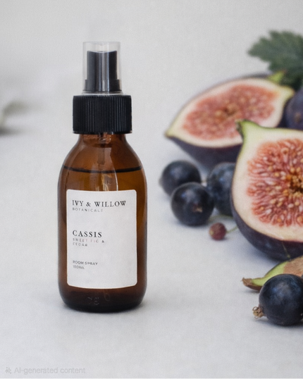 Brown bottle with black cap labeled 'Ivy & Willow' on a white background with figs and blueberries.
