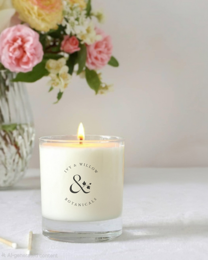 Candle with a visible brand logo in front of flowers