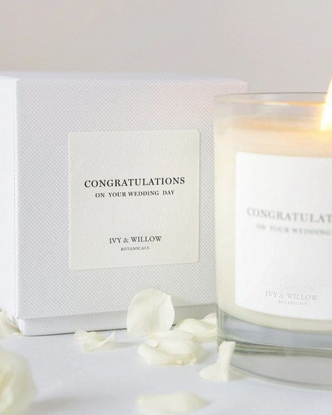 Candle and packaging with 'Congratulations on your wedding day' text, featuring Ivy & Willow brand.