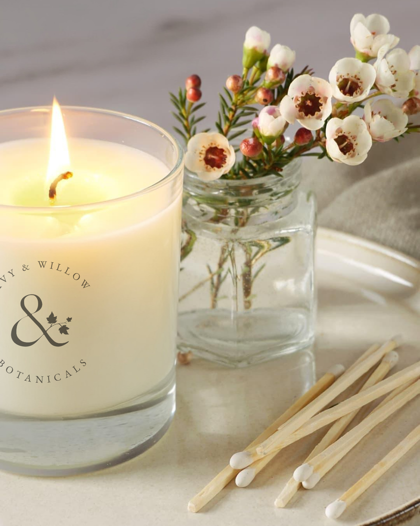 Candle with 'Fox & Willow Botanicals' branding, a vase of flowers, and matches on a surface.