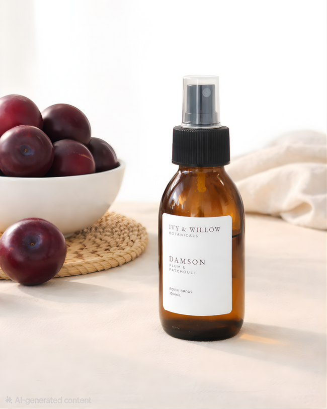 Bottle of Damson Skin Tonic with plums and a white bowl on a light surface