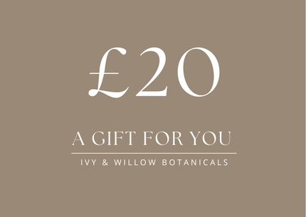 Gift card with £20 value for Ivy & Willow Botanicals on a brown background