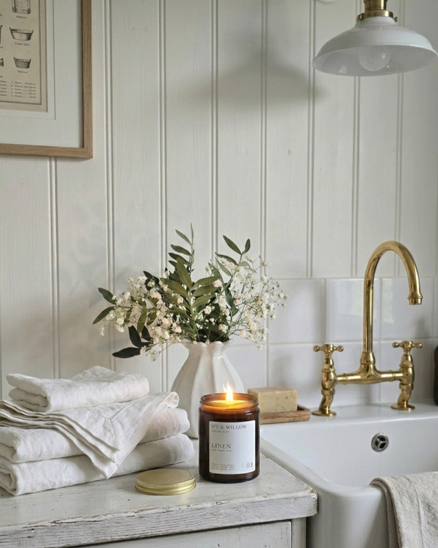 Candle, flowers, and towels on a kitchen counter with a gold faucet in the background.