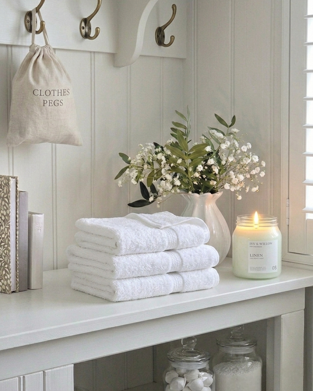 White towels on a shelf with a candle, flowers, and a bag labeled 'Clothes Pegs' in a home setting.