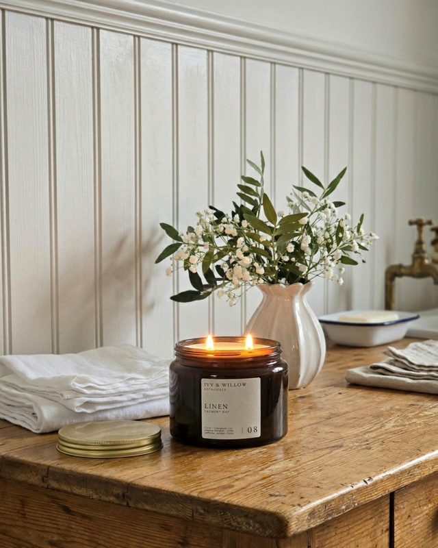 Candle in a decorative jar on a wooden table with a vase of flowers in the background.