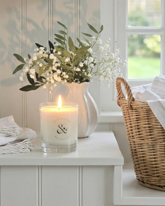 Candle with a logo on a white surface next to a vase with flowers and a wicker basket.