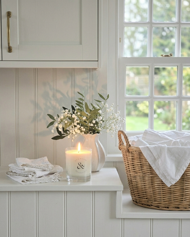 Candle with a decorative vase and flowers on a white surface near a window.