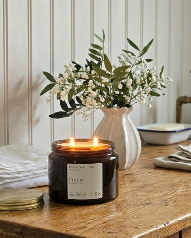 Candle in a black jar with a label on a wooden table, accompanied by a vase of flowers.