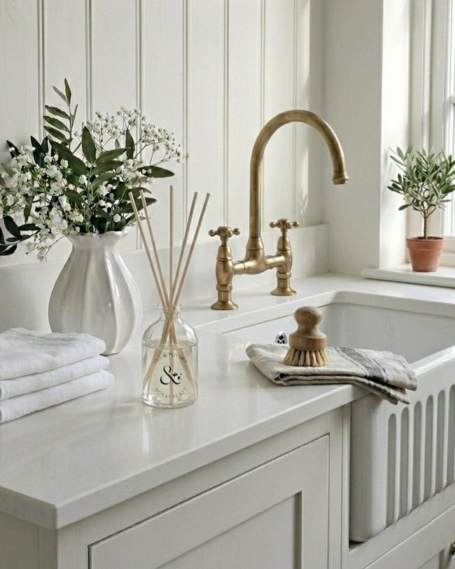 White kitchen sink with gold faucet, decorative items, and plants.