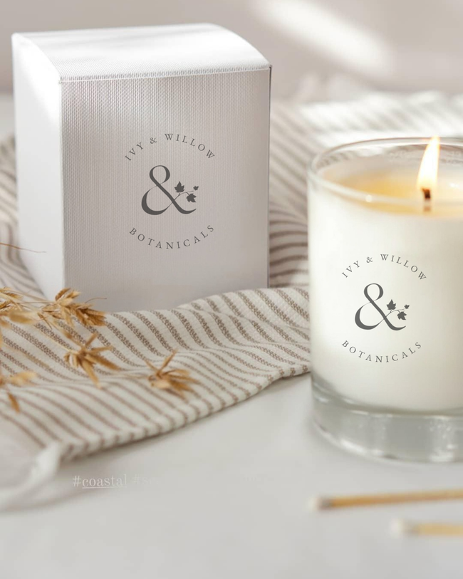 Ivy & Willow Botanicals candle and packaging on a neutral background