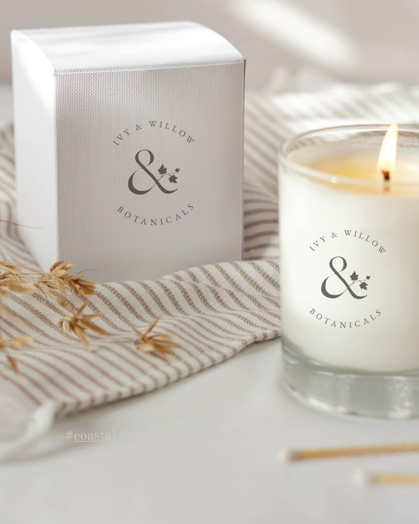 Ivy & Willow Botanicals candle and packaging on a neutral background