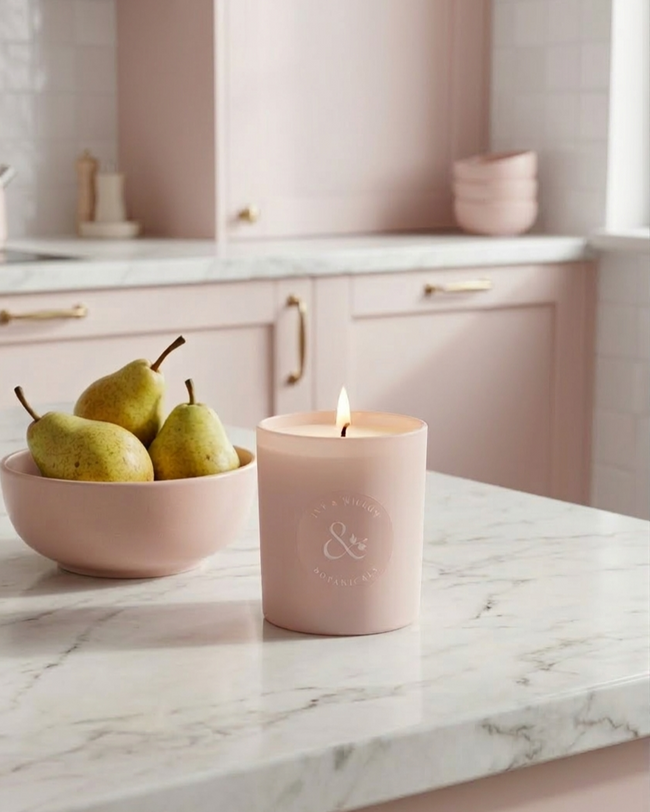 Pink candle on a marble countertop with pears in a bowl.