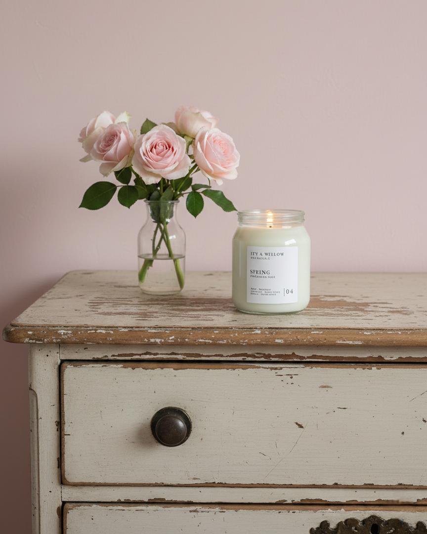Candle and vase of flowers on a wooden dresser against a pink wall