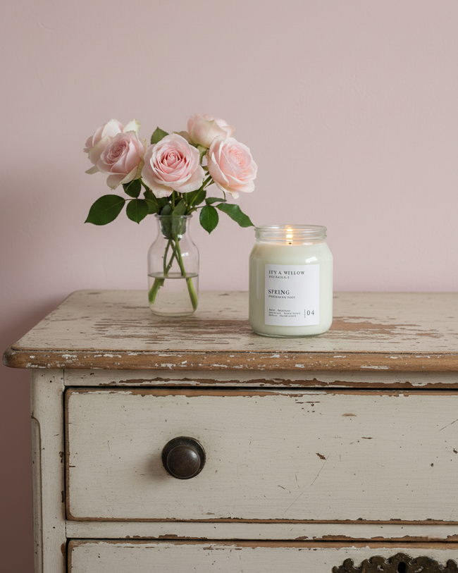 Candle and vase of flowers on a wooden dresser against a pink wall