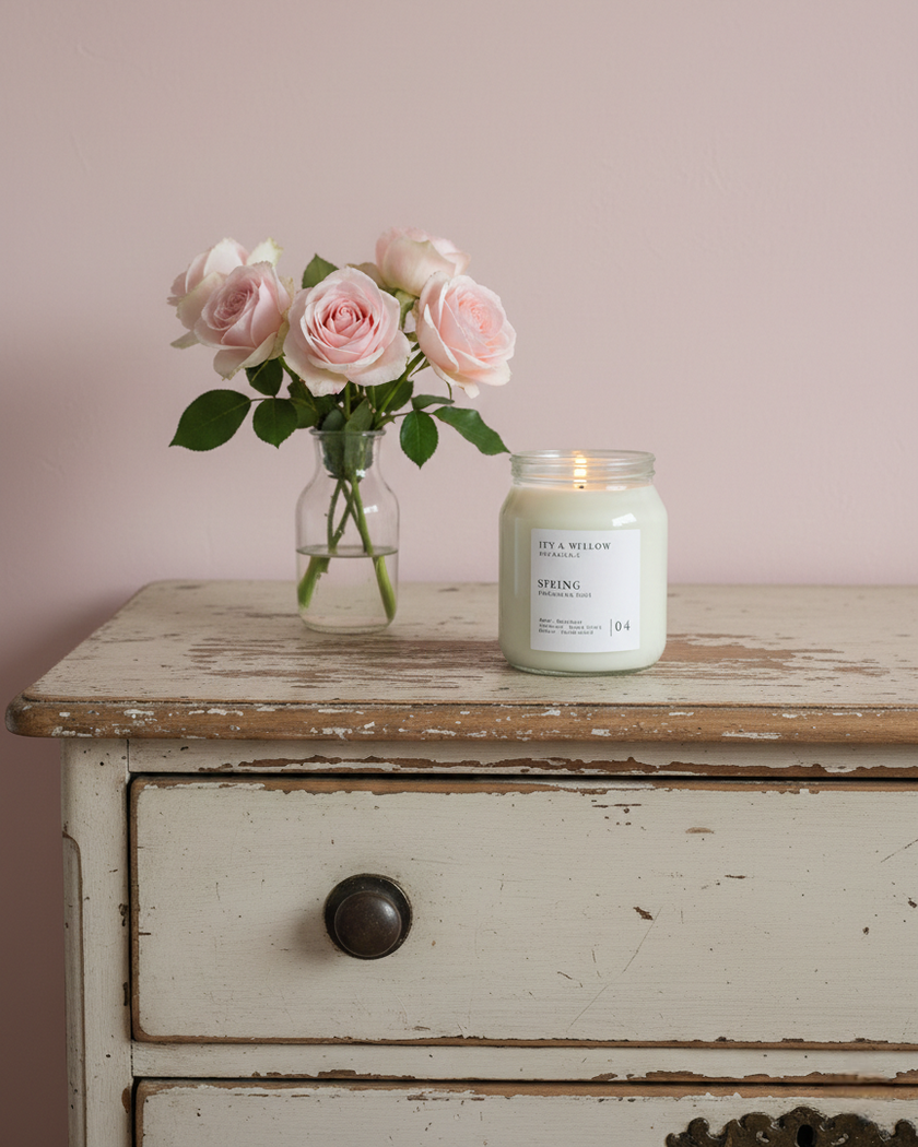 Candle and vase of flowers on a wooden dresser against a pink wall