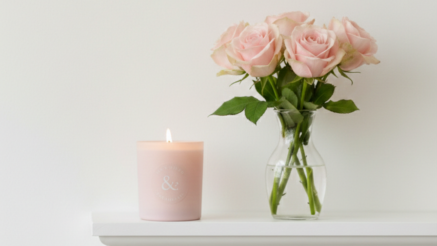 Pink candle and vase with roses on a white surface