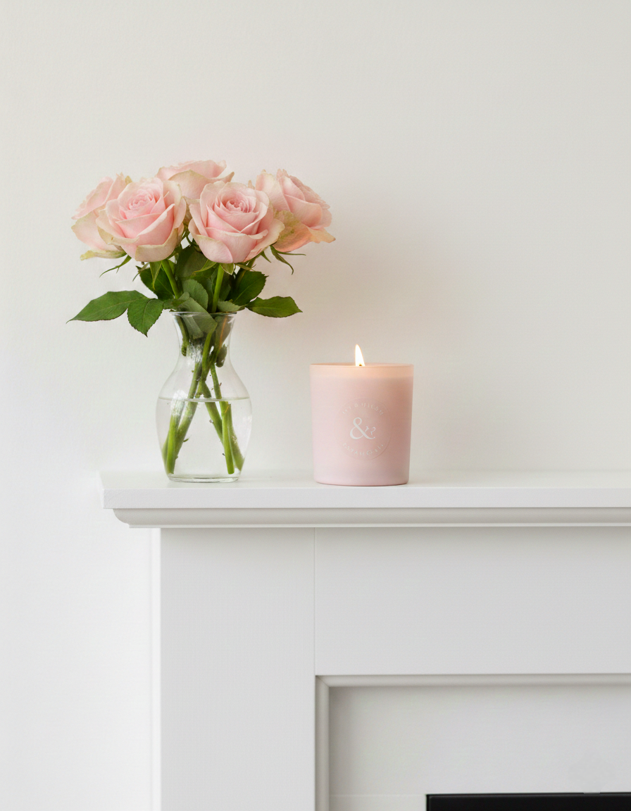 Pink candle and vase with roses on a white surface
