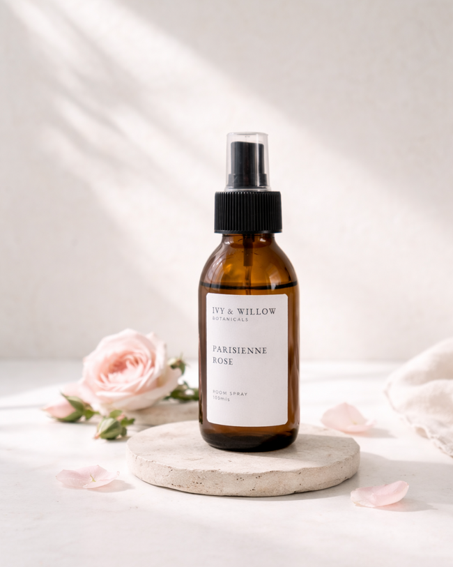 Brown spray bottle with a white label on a marble coaster with pink flowers in the background