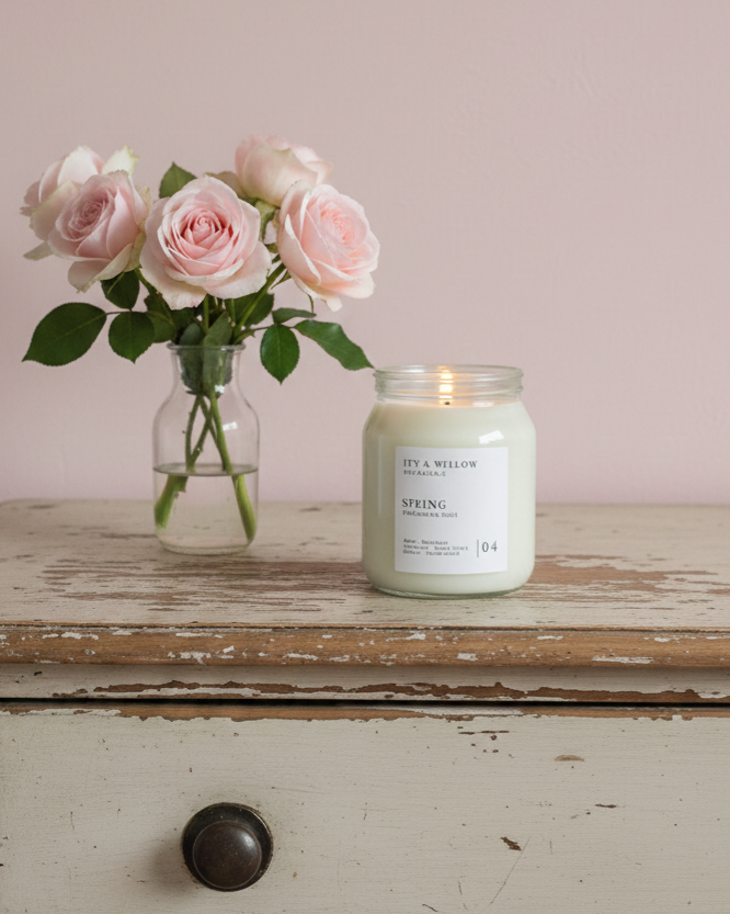 Candle labeled 'Spring' with a vase of pink roses on a wooden surface.