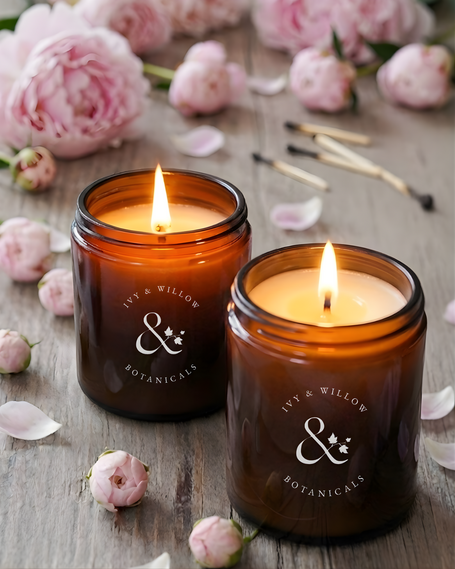 Two lit amber candles with 'ivy & willow botanicals' branding on a wooden surface with pink flowers.