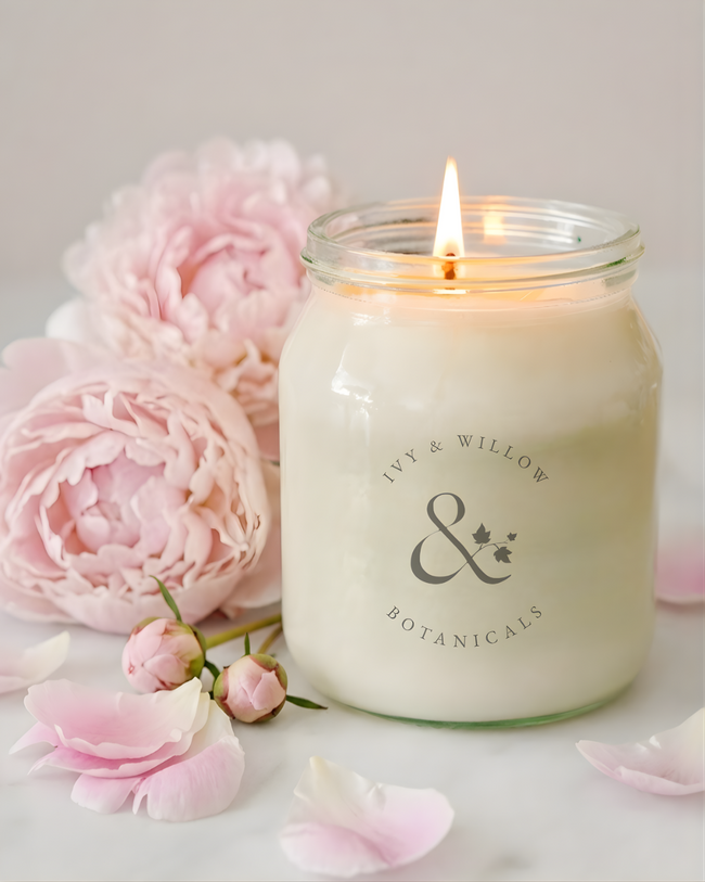 Candle with 'Ivy & Willow Botanicals' branding surrounded by pink flowers on a light background