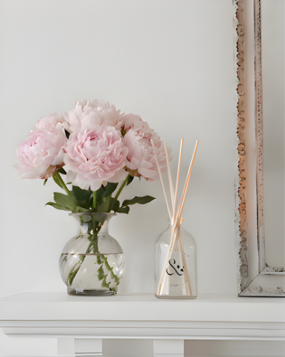 Vase of pink flowers and diffuser on a white surface with a decorative frame in the background