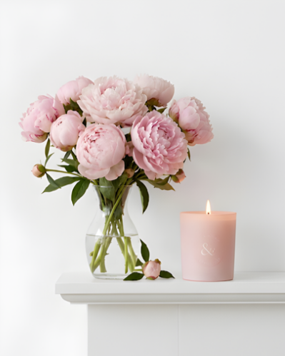 Pink peonies in a vase next to a pink candle on a white surface