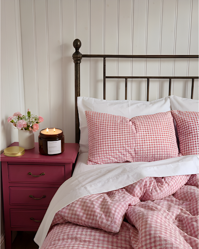 Bedroom with pink checkered bedding and a nightstand with a candle and flowers.