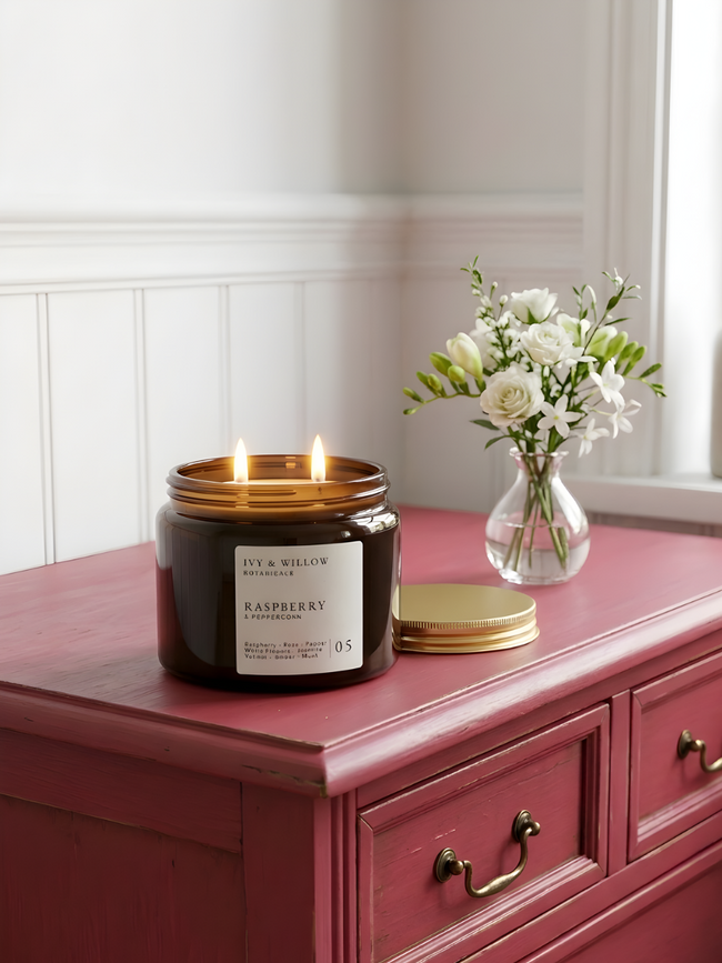 Candle with a label on a red surface next to a vase of flowers