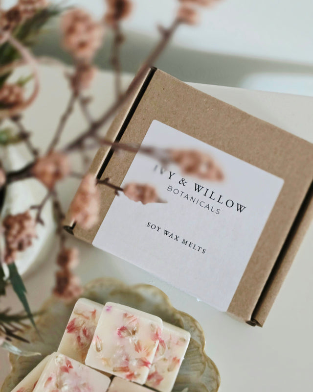 Box of Ivy & Willow Botanicals soy wax melts with floral design on a light background
