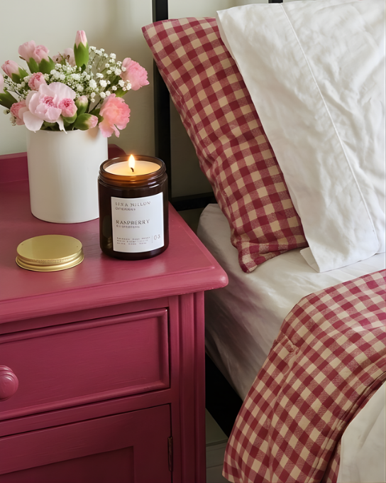 Candle on a pink nightstand next to a bed with checkered bedding