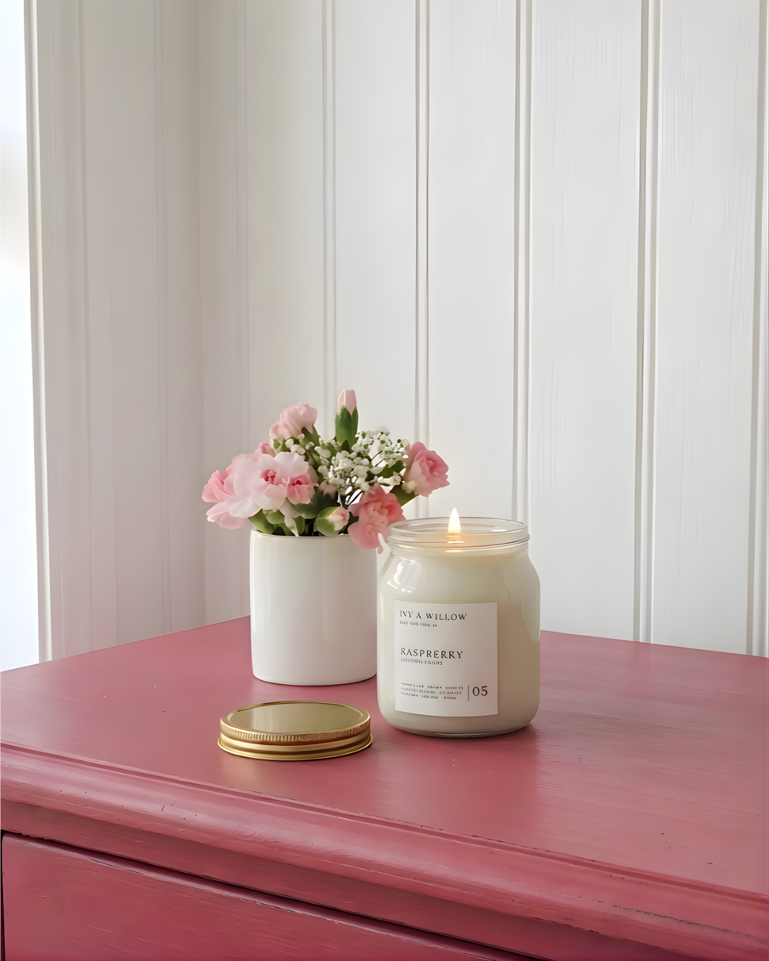 Candle and flowers on a pink surface with a white paneled wall background