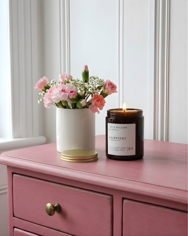 Candle and flowers on a pink dresser with white walls