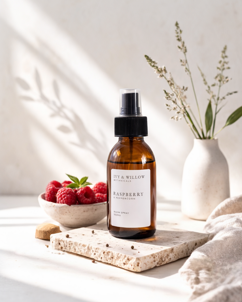 Brown glass bottle with black cap on a white surface with raspberries and a vase in the background