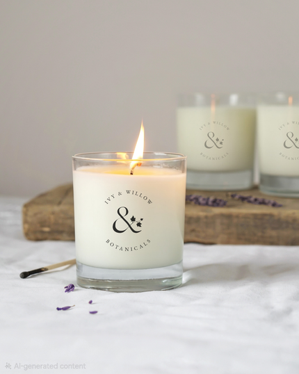 Lit candle with 'ivy & willow botanica' branding on a white surface.