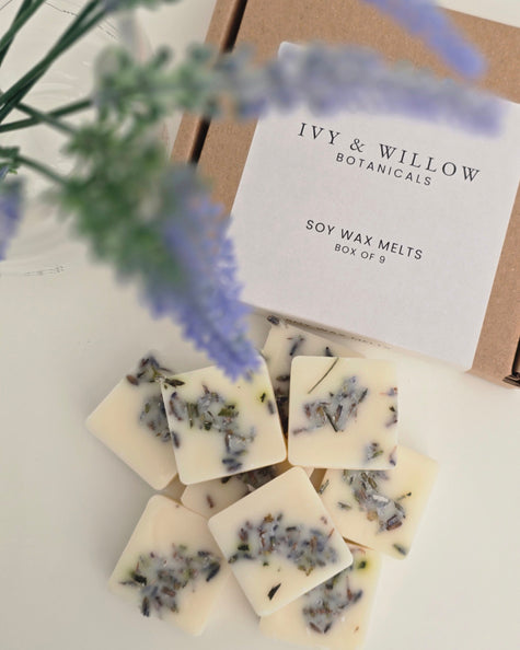 Ivy & Willow Botanicals wax melts with a cardboard box and lavender flowers on a light background