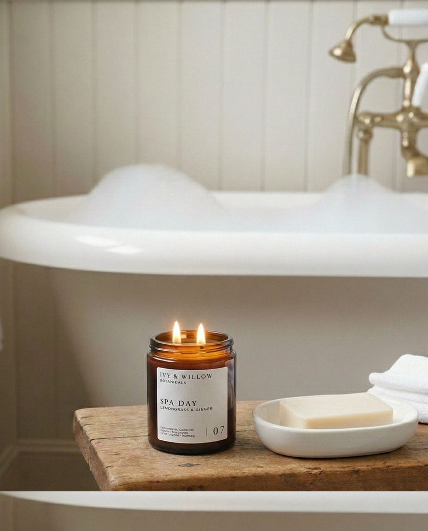Candle labeled 'Ivy & Willow' on a wooden tray with a bathtub in the background