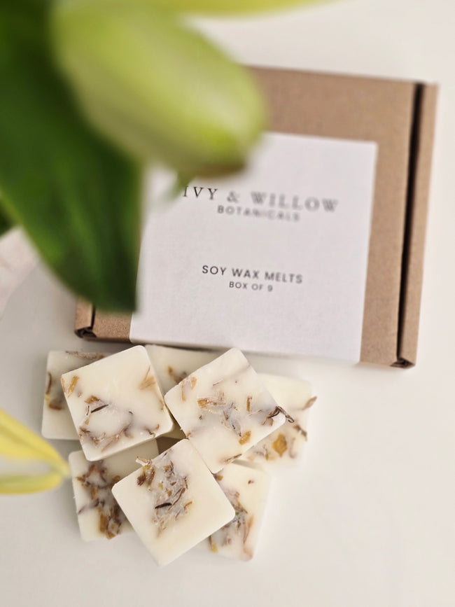 IVY & WILLOW soy wax melts with packaging on a white surface