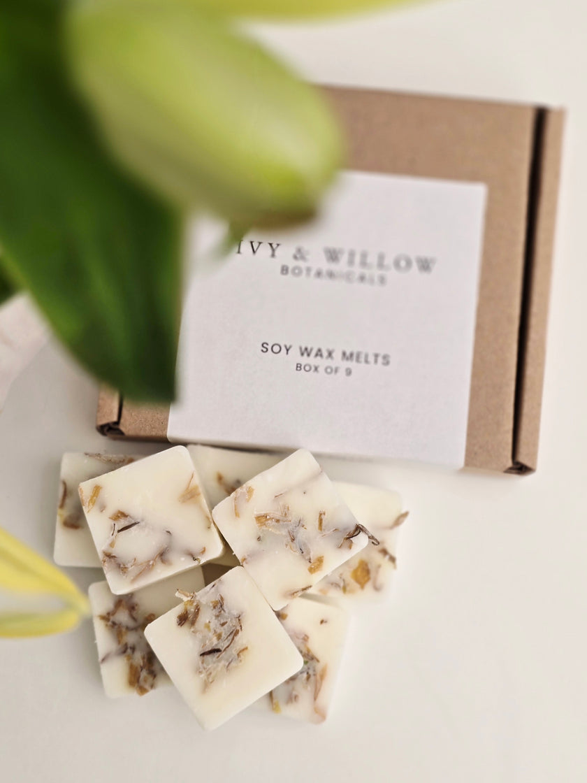 IVY & WILLOW soy wax melts with packaging on a white surface