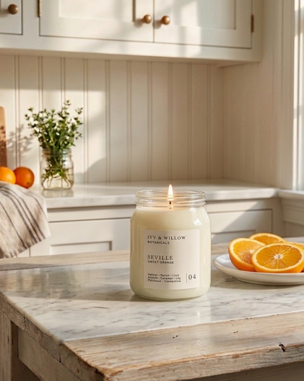 Candle in a jar labeled 'DIY & Willow' on a kitchen counter with oranges and flowers in the background.
