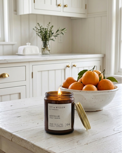Candle on a kitchen counter with oranges in a bowl