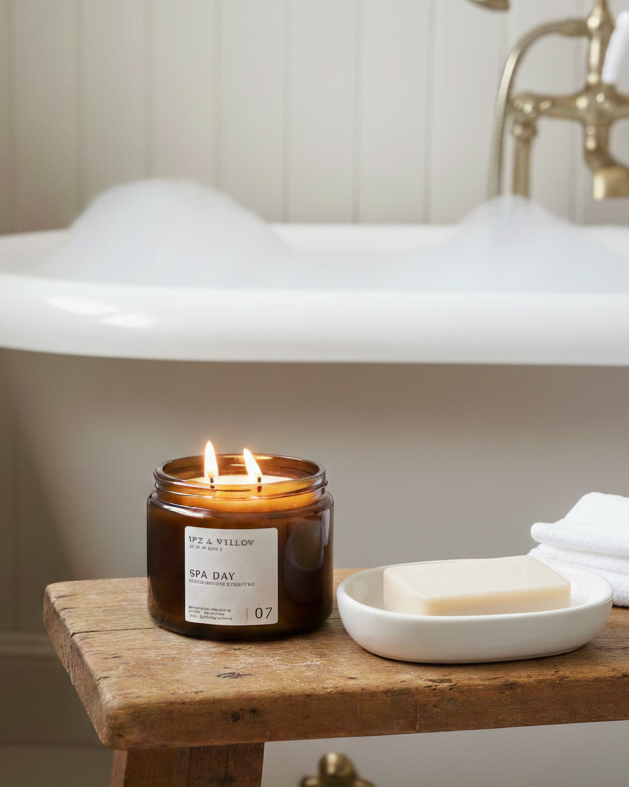 Candle in a jar labeled 'Spa Day' on a wooden stool in a bathroom setting.