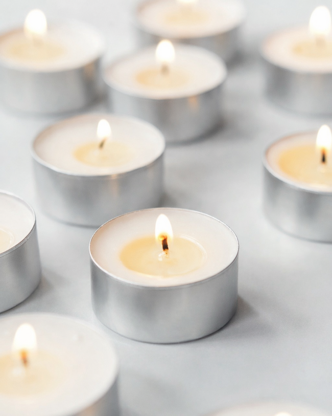 Multiple Tealights 20mls in silver aluminium holders on a light gray background