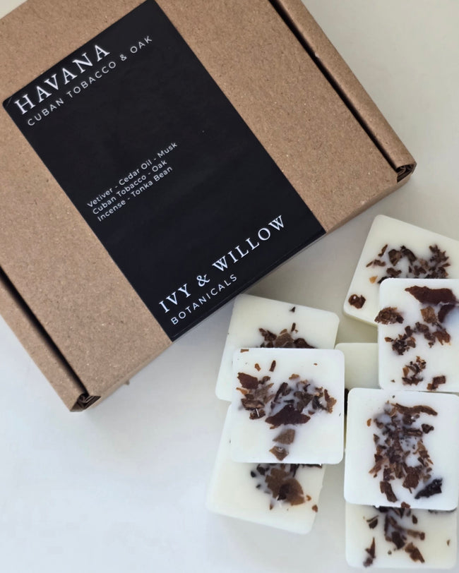 Ivy & Willow botanicals with a box labeled Havana Cuban Tobacco & Oak on a white background
